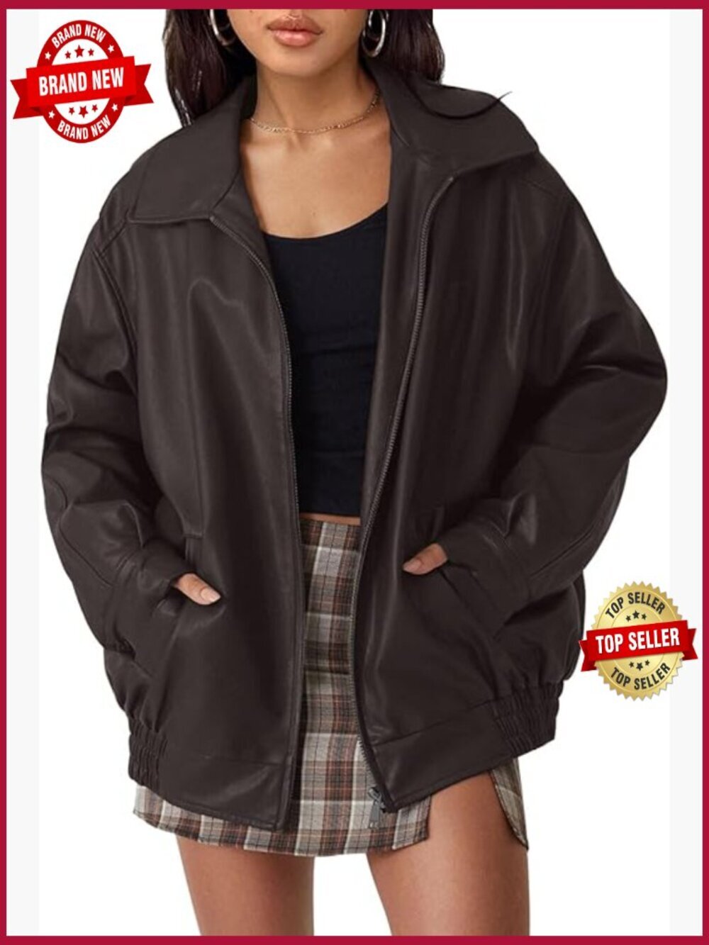 Oversized Faux Leather Bomber Jacket Zip Up Motorcycle Coat